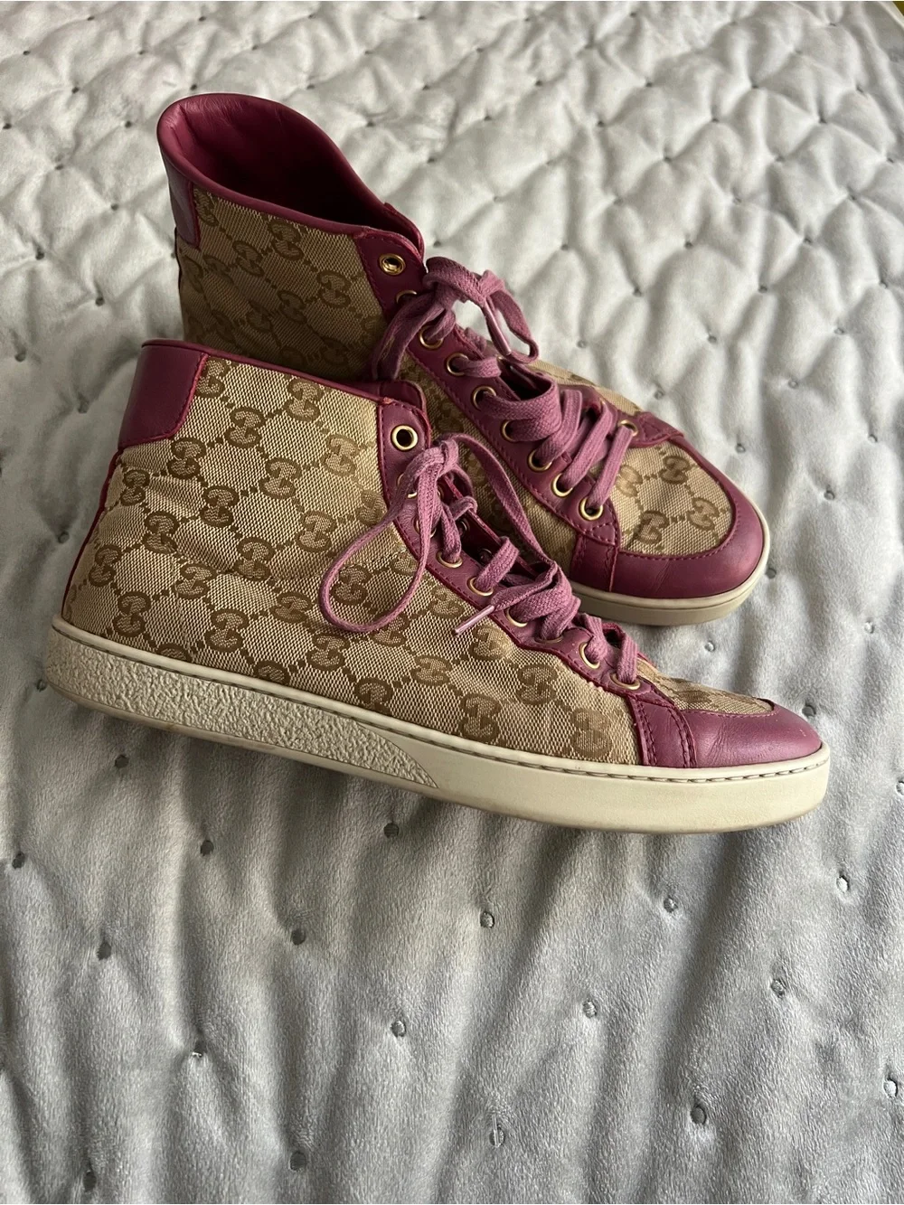 Gucci Beige GG Canvas High-Top Sneakers with Pink Trim